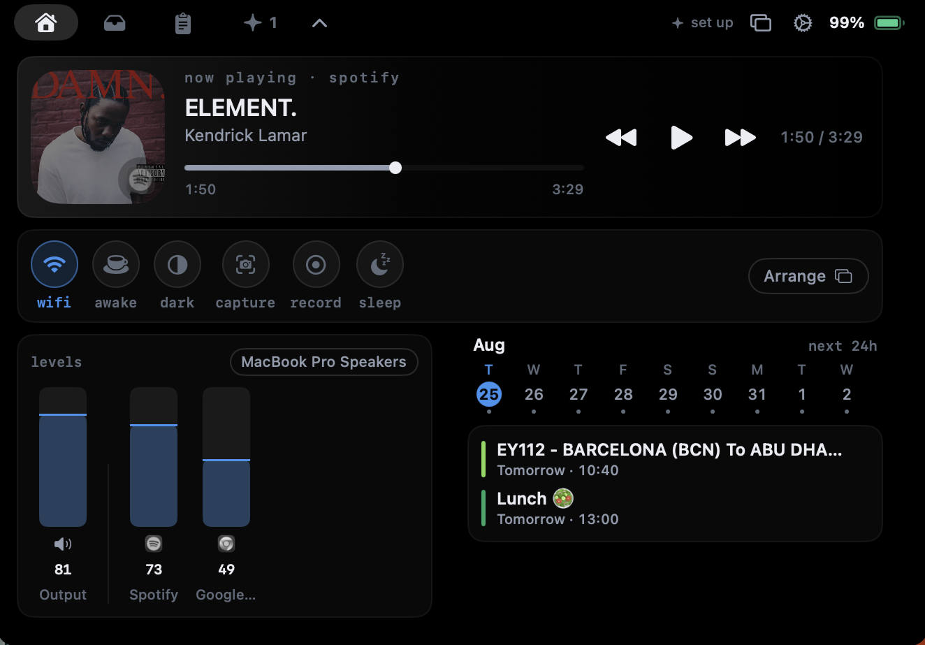 The Airlock panel open under the notch: what&rsquo;s playing, the controls rail, per-app volume and the week ahead.